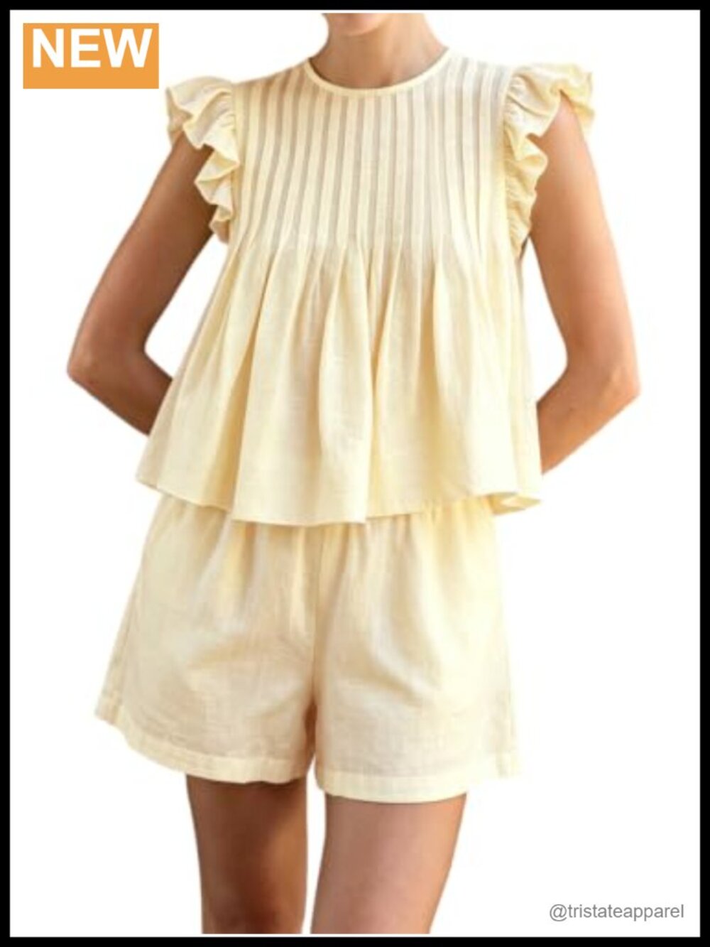 Women's 100% Cotton Short Set Ruffle Sleeve Pintuck Top & Shorts